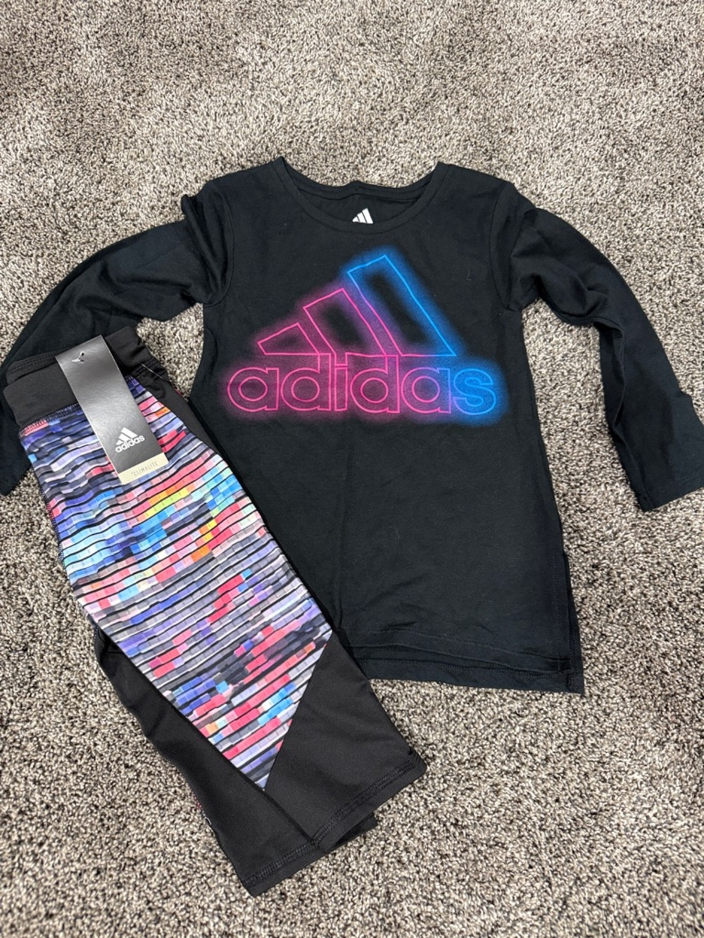 adidas Black Long Sleeve Logo Top with Multicolor Stripe Leggings